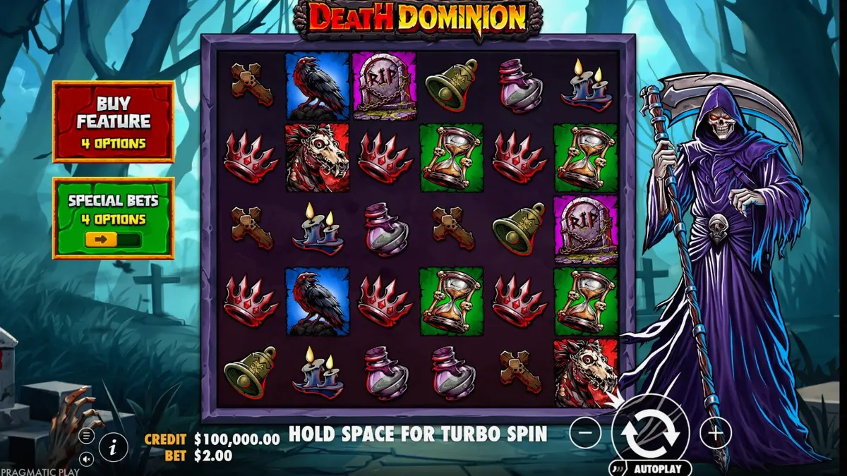 Ang Grim Reaper sa gitna ng isang madilim na graveyard sa Death Dominion slot.